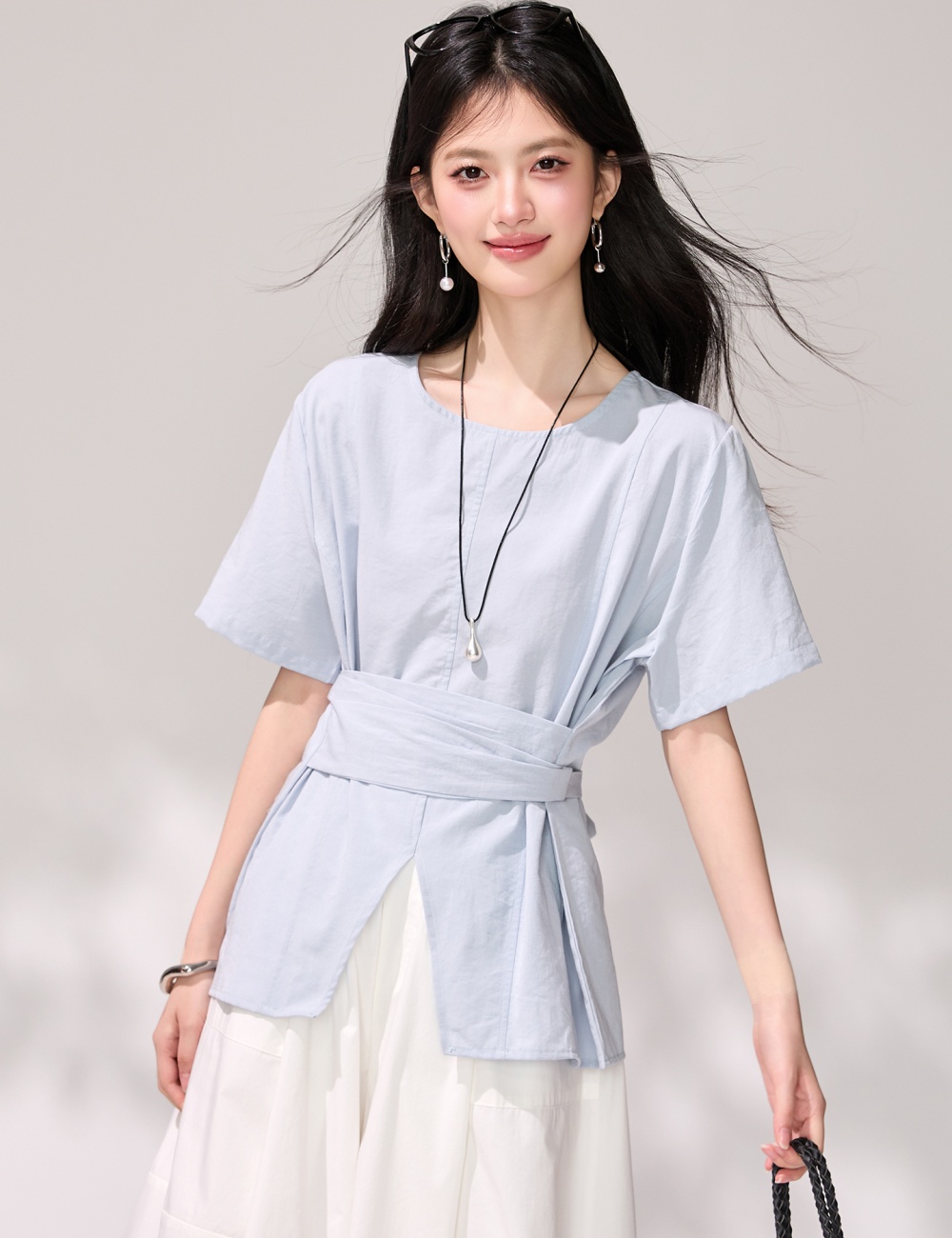 Short sleeve commuting tops high waist girdle tender shirt