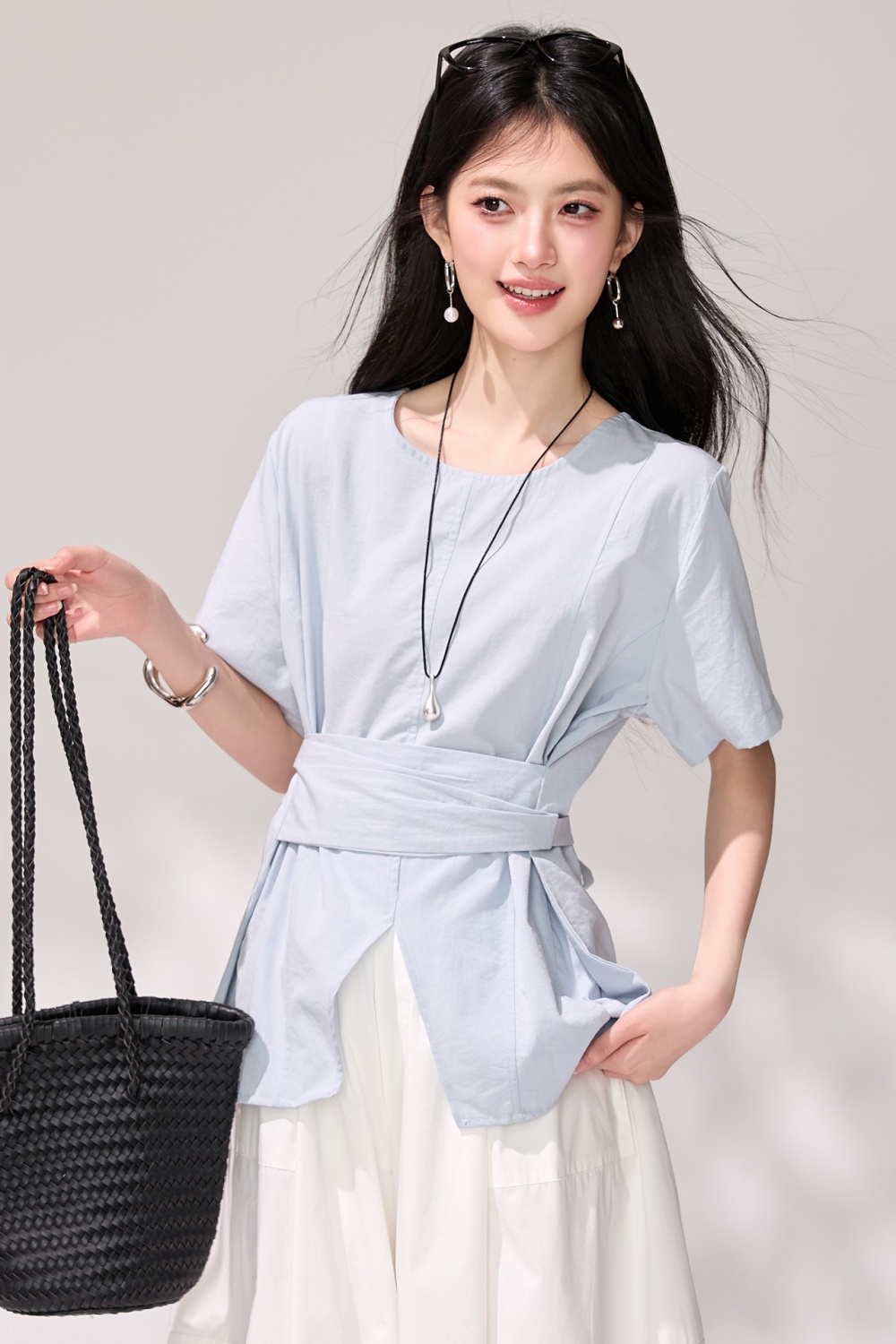 Short sleeve commuting tops high waist girdle tender shirt