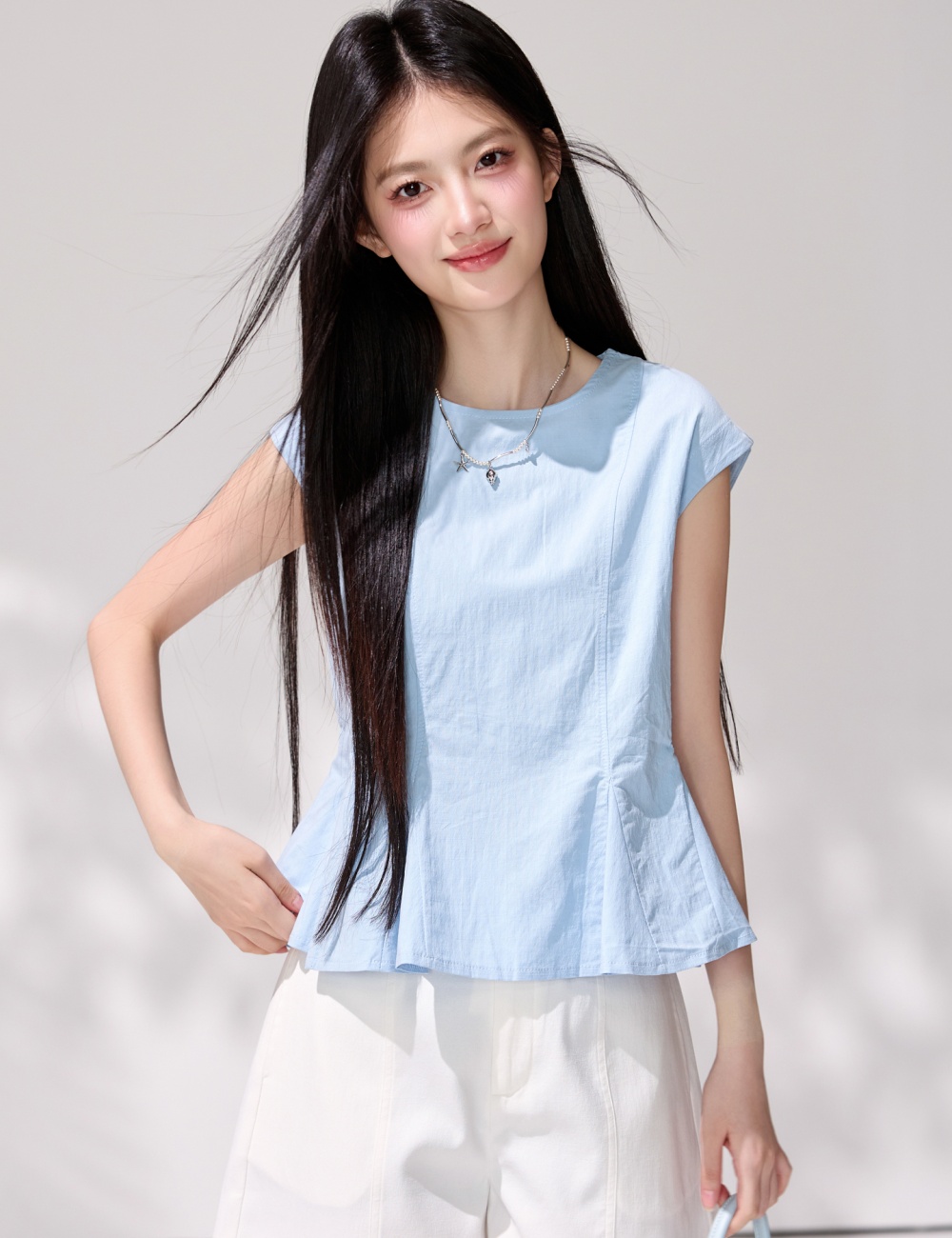 Korean style pinched waist shirt boats sleeve tops