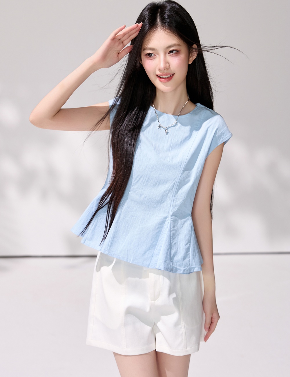 Korean style pinched waist shirt boats sleeve tops