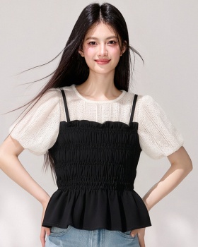 Fold temperament shirt splice puff sleeve tops