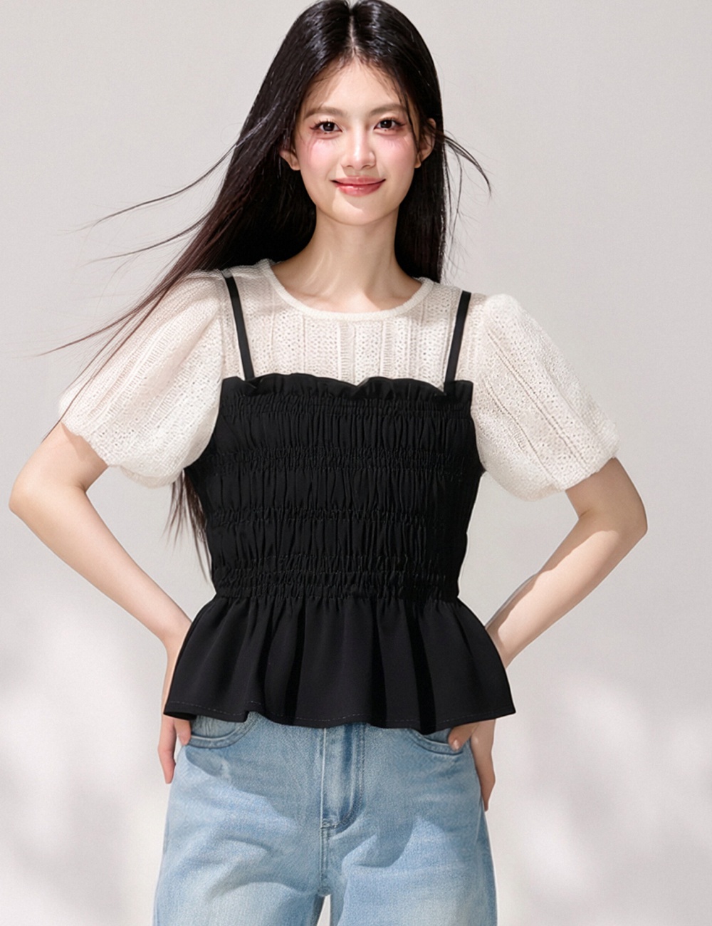 Fold temperament shirt splice puff sleeve tops