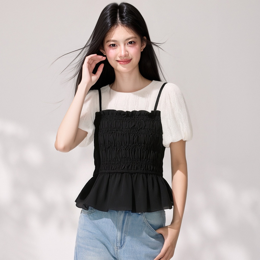 Fold temperament shirt splice puff sleeve tops