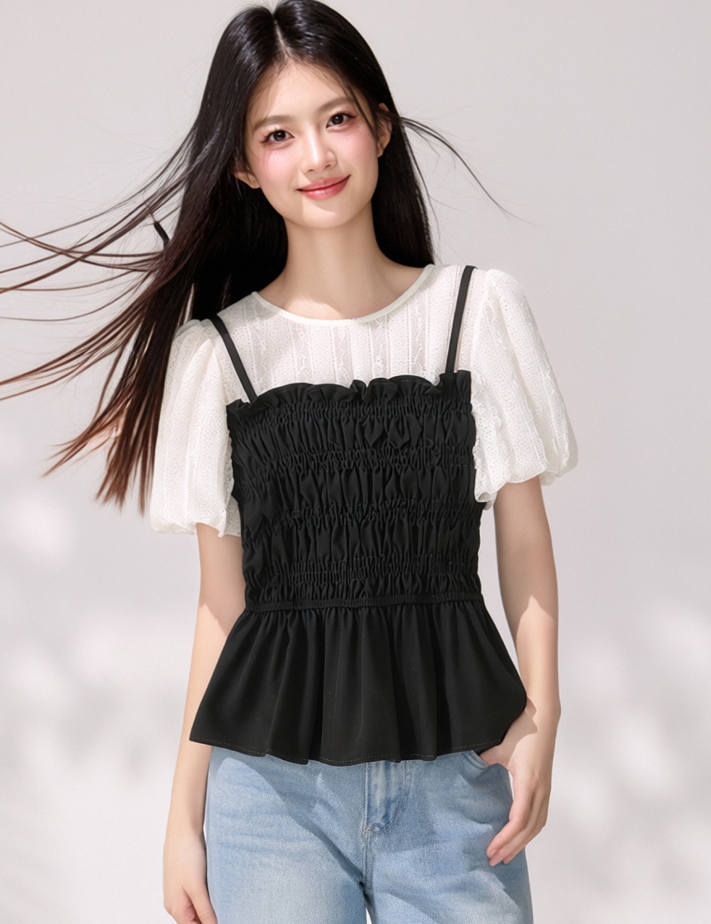 Fold temperament shirt splice puff sleeve tops