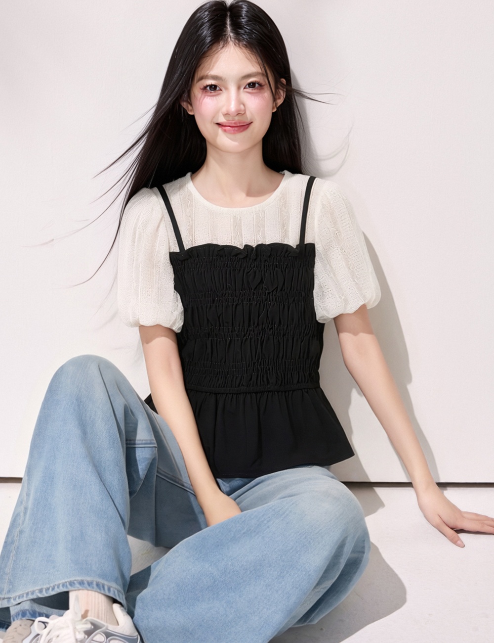 Fold temperament shirt splice puff sleeve tops