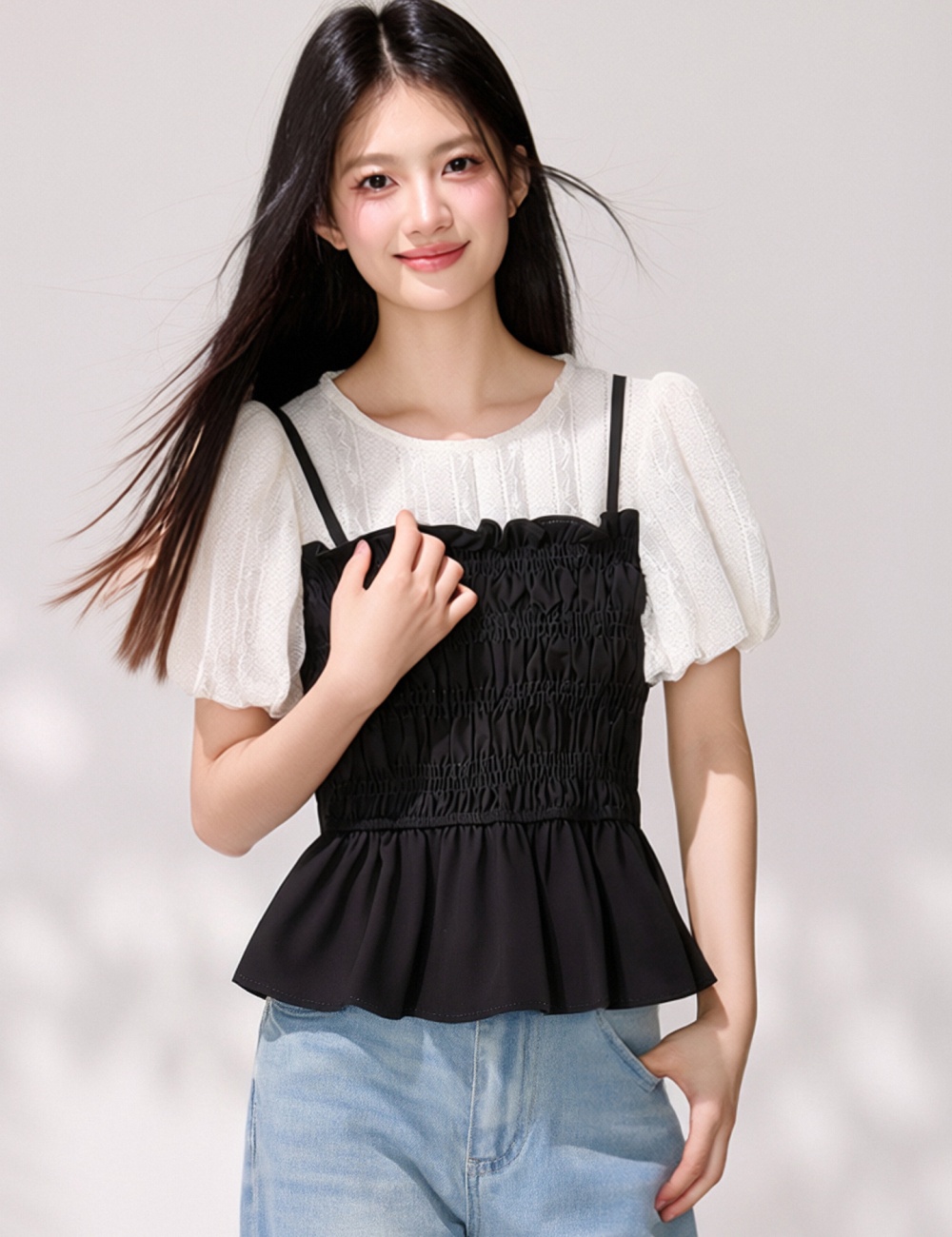 Fold temperament shirt splice puff sleeve tops