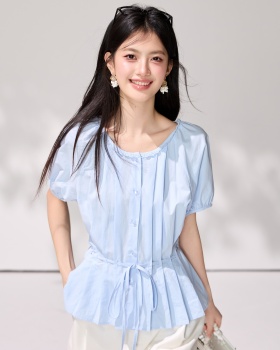 Round neck crimp pinched waist shirt frenum summer tops