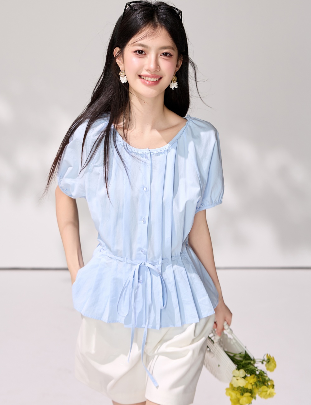 Round neck crimp pinched waist shirt frenum summer tops