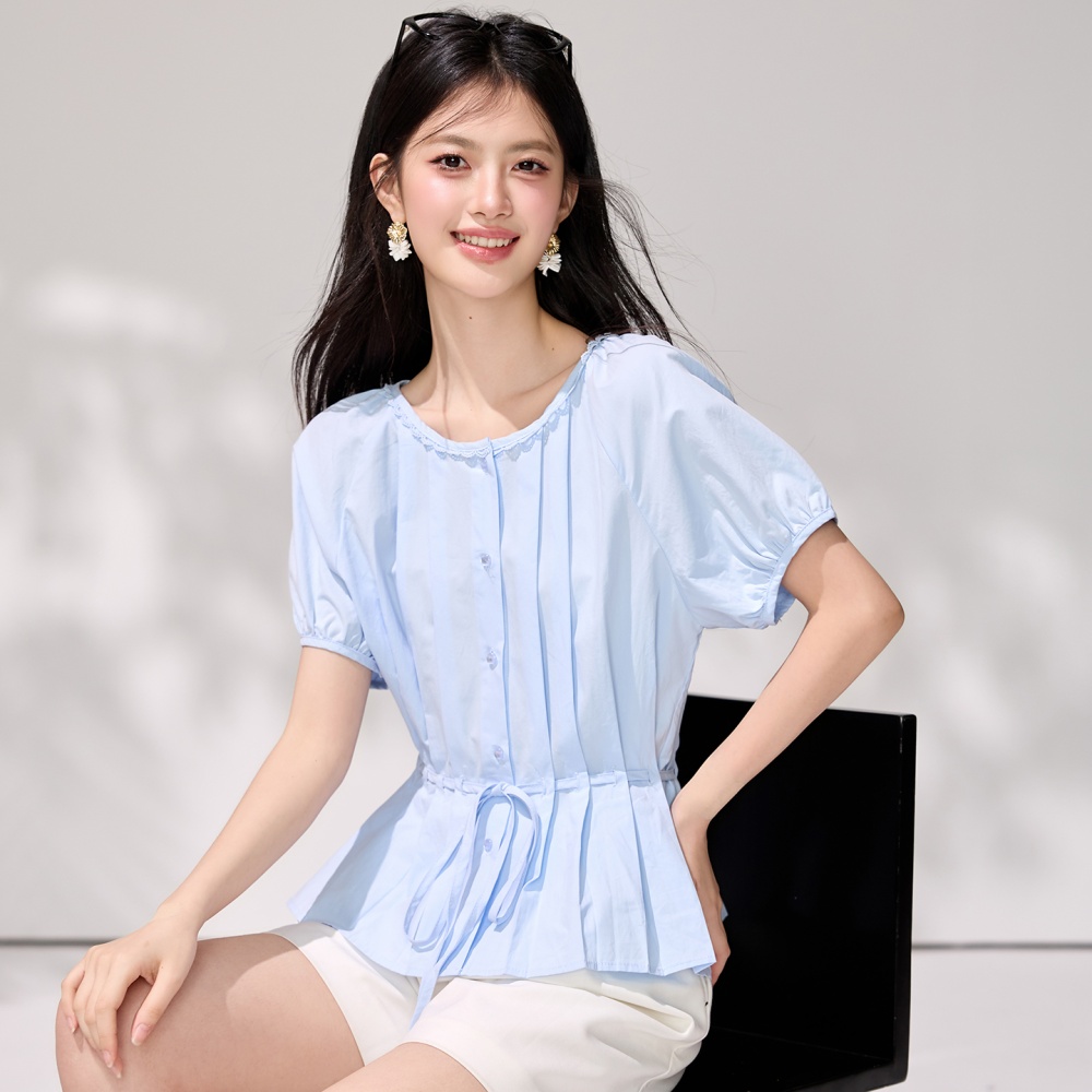 Round neck crimp pinched waist shirt frenum summer tops