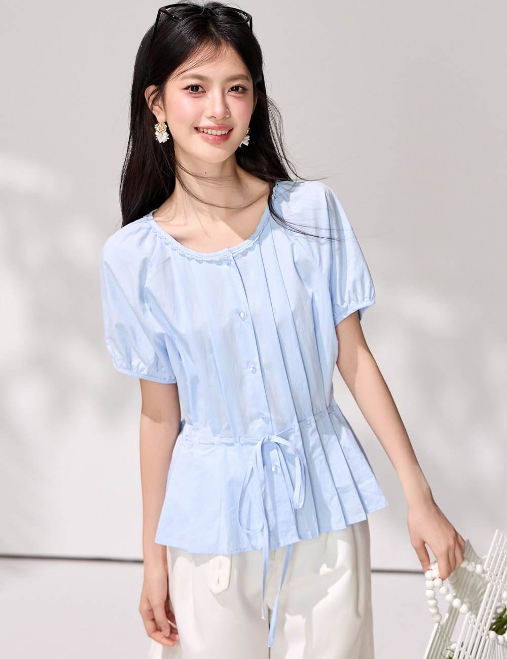 Round neck crimp pinched waist shirt frenum summer tops