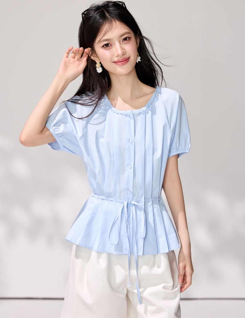 Round neck crimp pinched waist shirt frenum summer tops