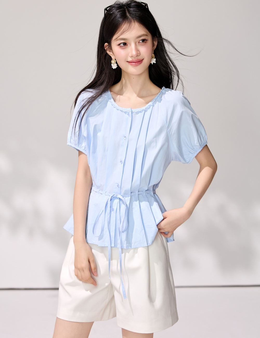Round neck crimp pinched waist shirt frenum summer tops