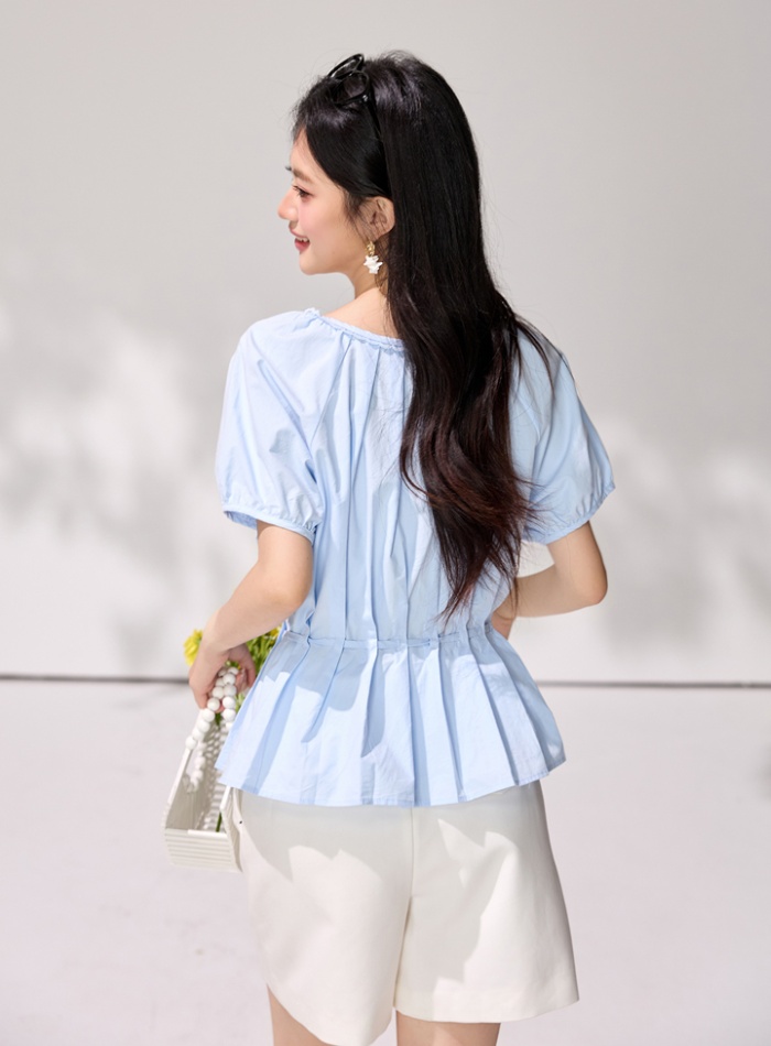Round neck crimp pinched waist shirt frenum summer tops