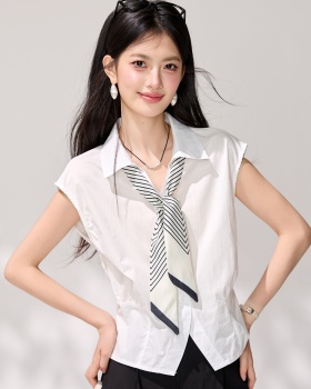 Summer slim stripe scarves lapel sleeveless white shirt