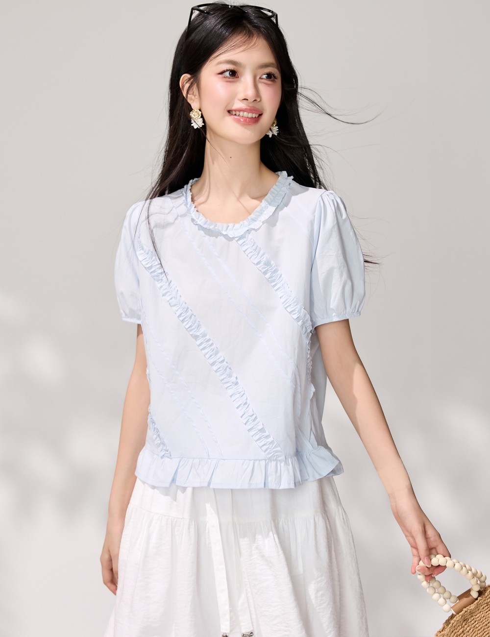 Temperament blue summer tops short sleeve tender shirt