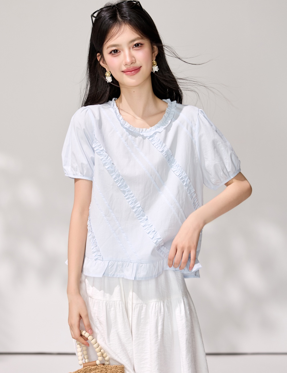 Temperament blue summer tops short sleeve tender shirt