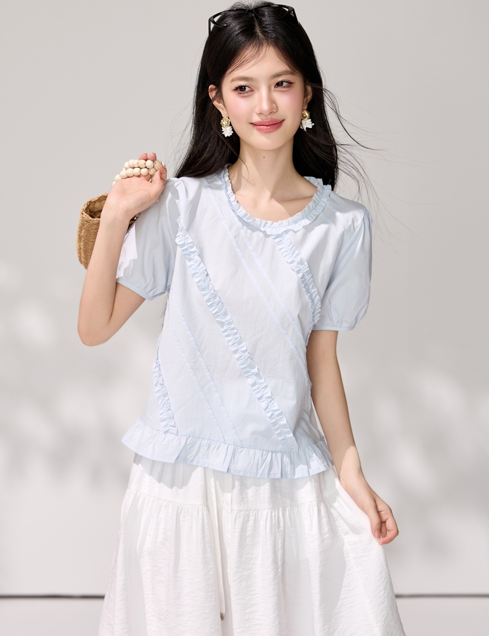 Temperament blue summer tops short sleeve tender shirt