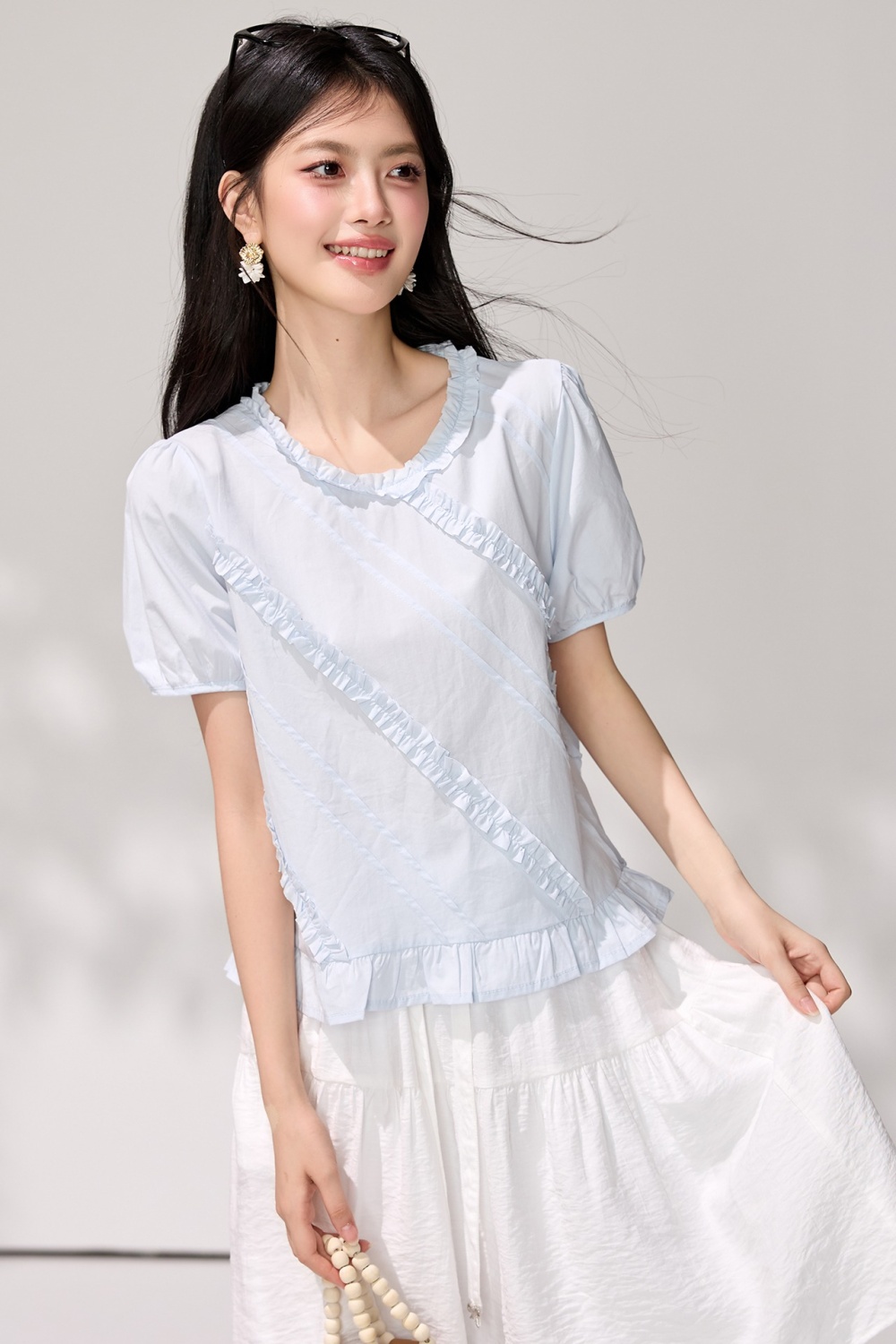 Temperament blue summer tops short sleeve tender shirt