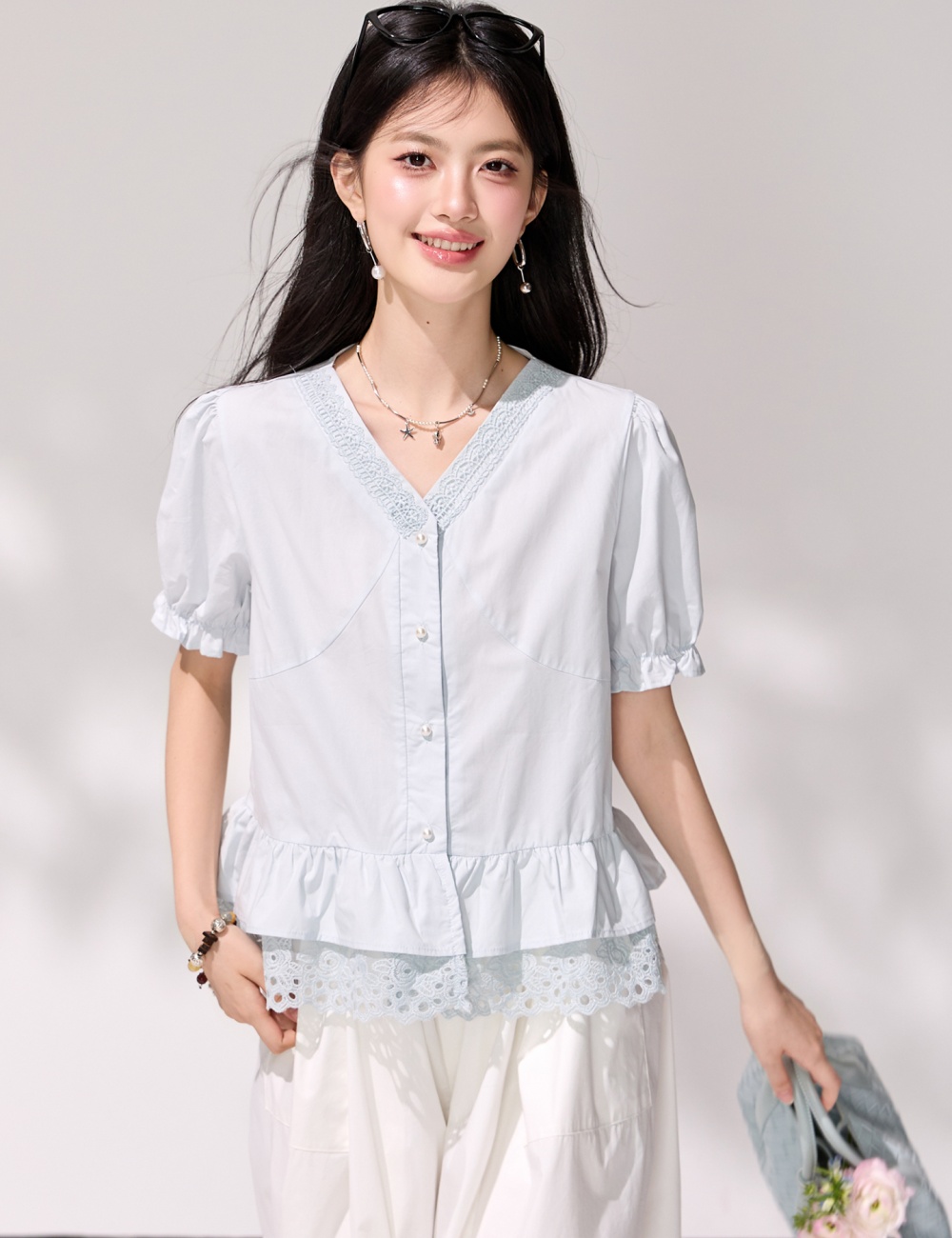 All-match summer small shirt V-neck short sleeve shirt