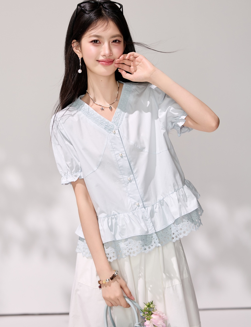 All-match summer small shirt V-neck short sleeve shirt