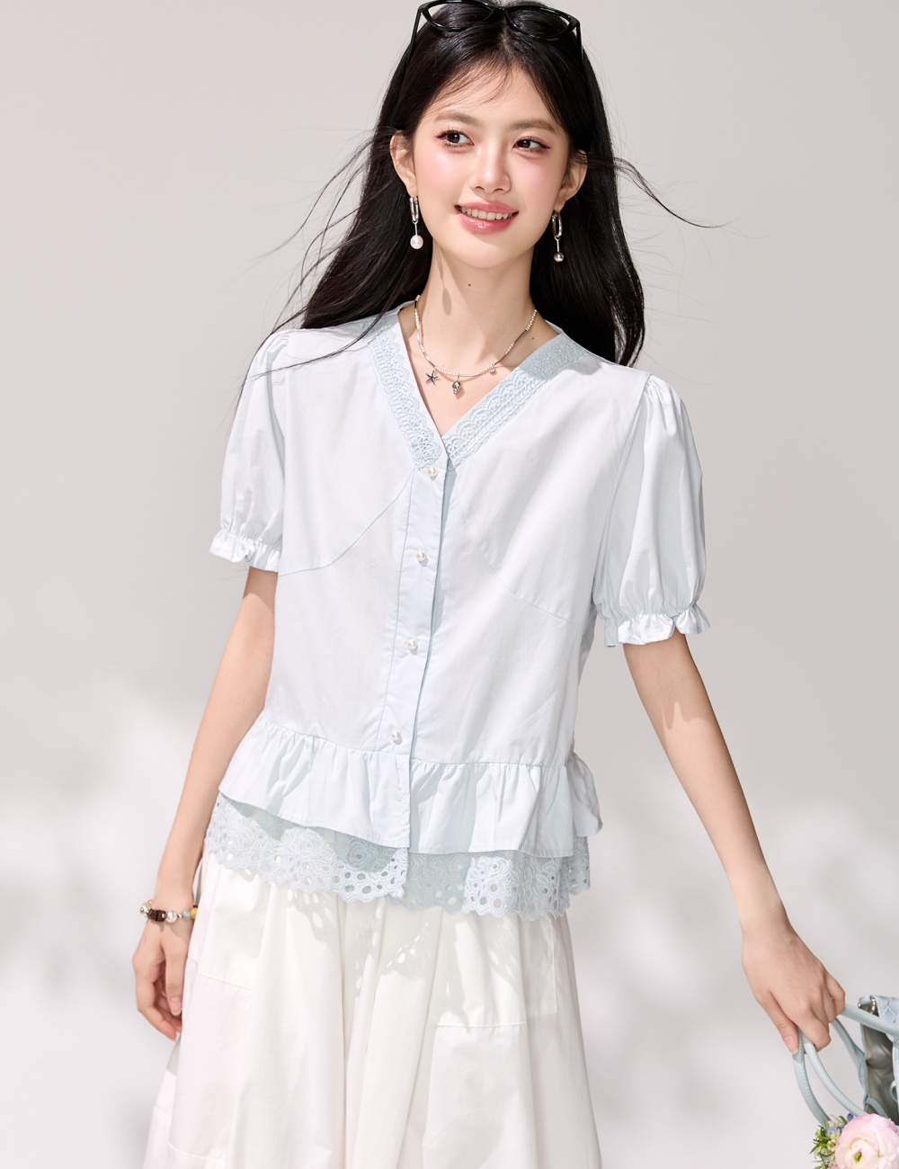 All-match summer small shirt V-neck short sleeve shirt