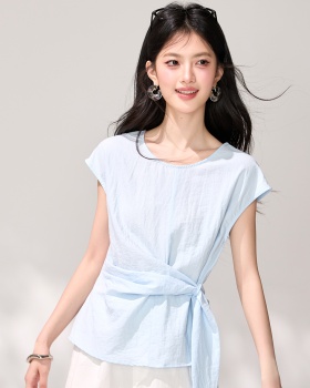 Pinched waist niche shirt light-blue tops for women