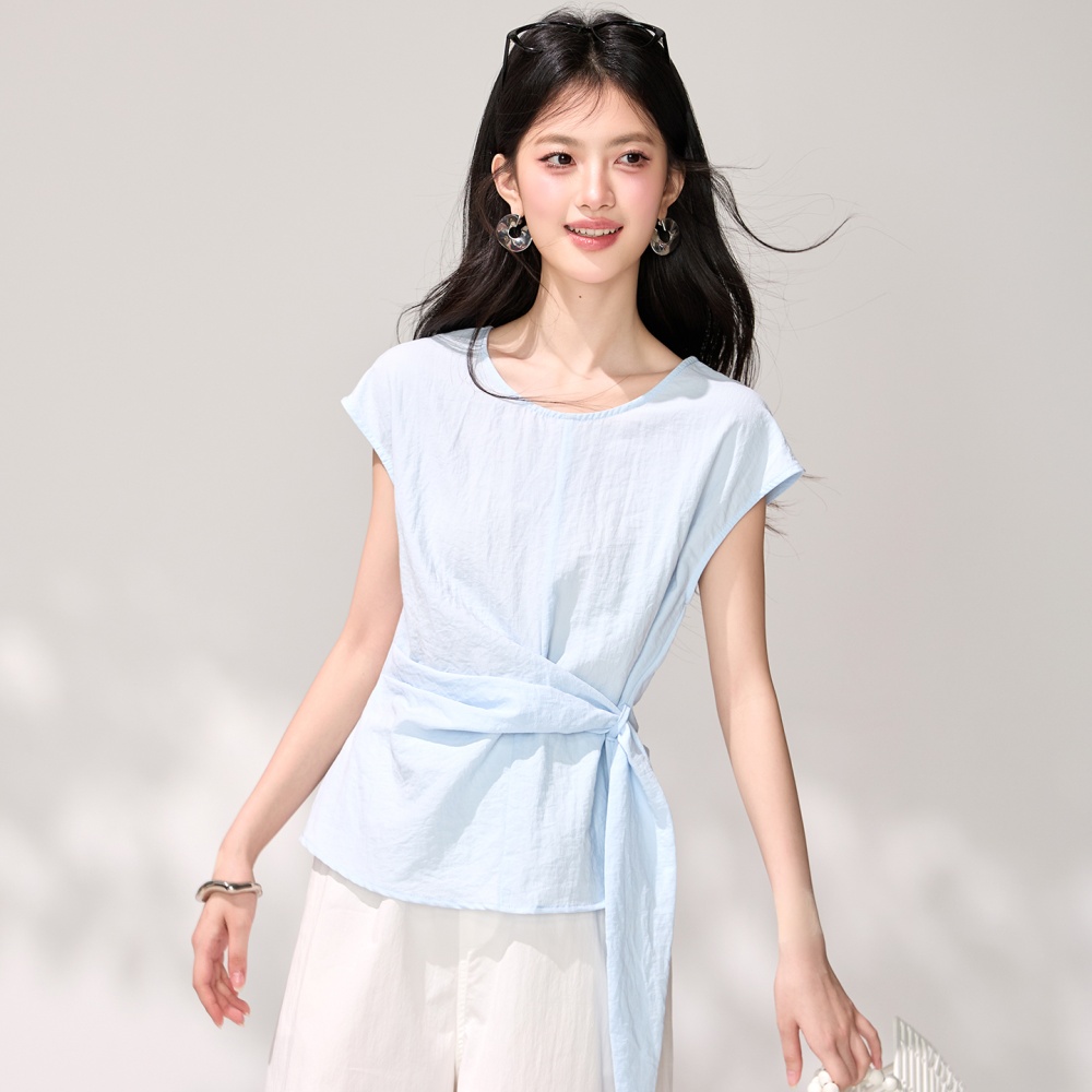 Pinched waist niche shirt light-blue tops for women