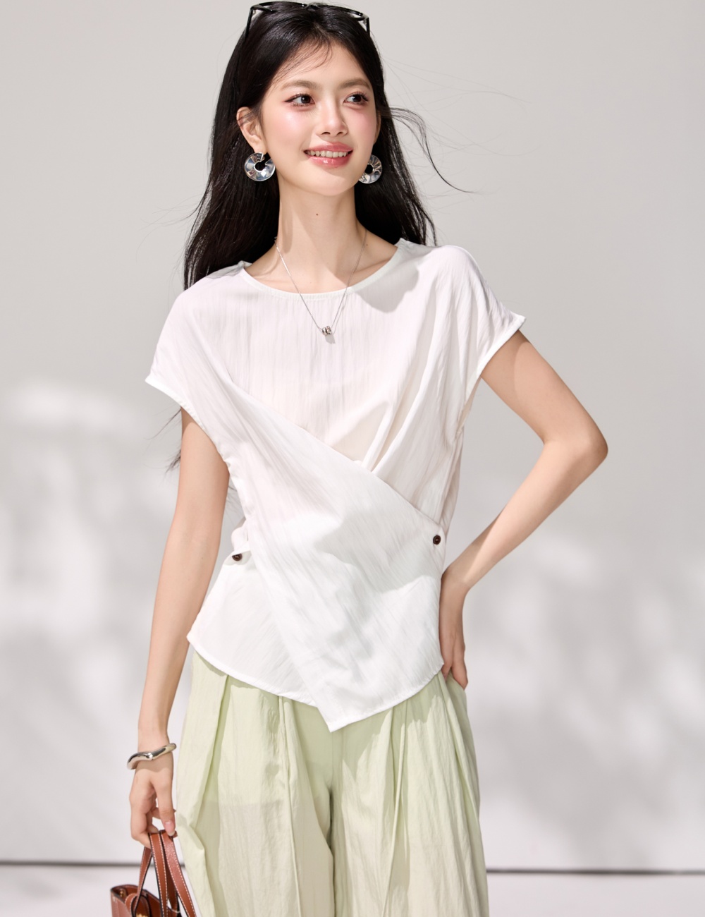 White pinched waist cross shirt summer slim niche tops
