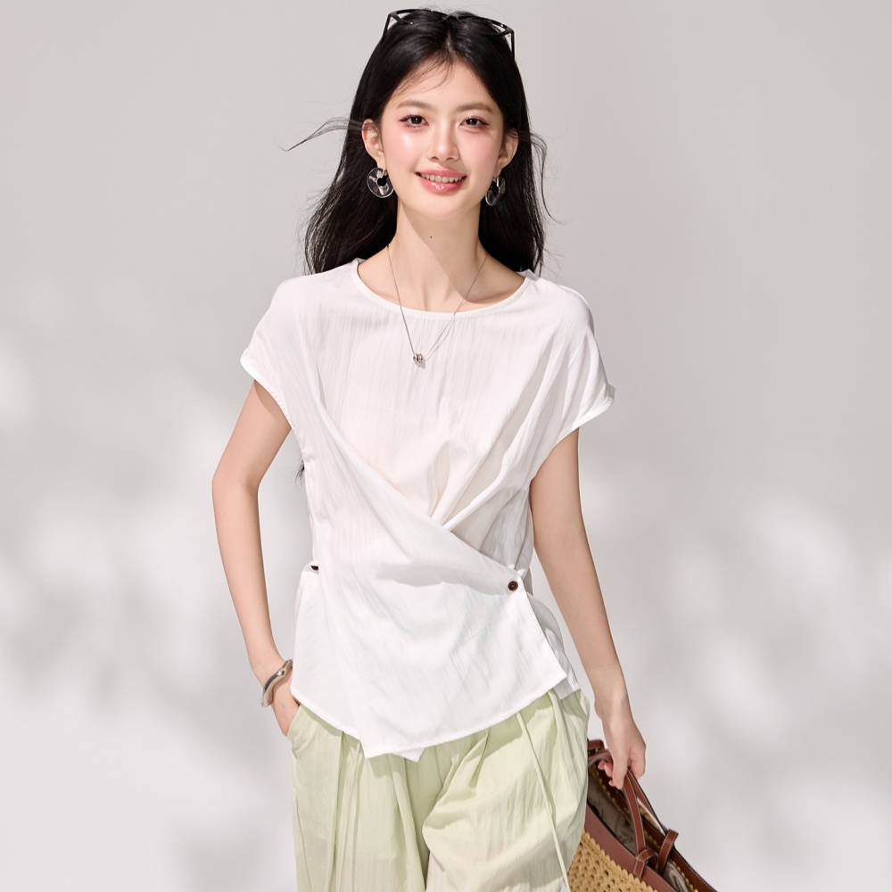White pinched waist cross shirt summer slim niche tops