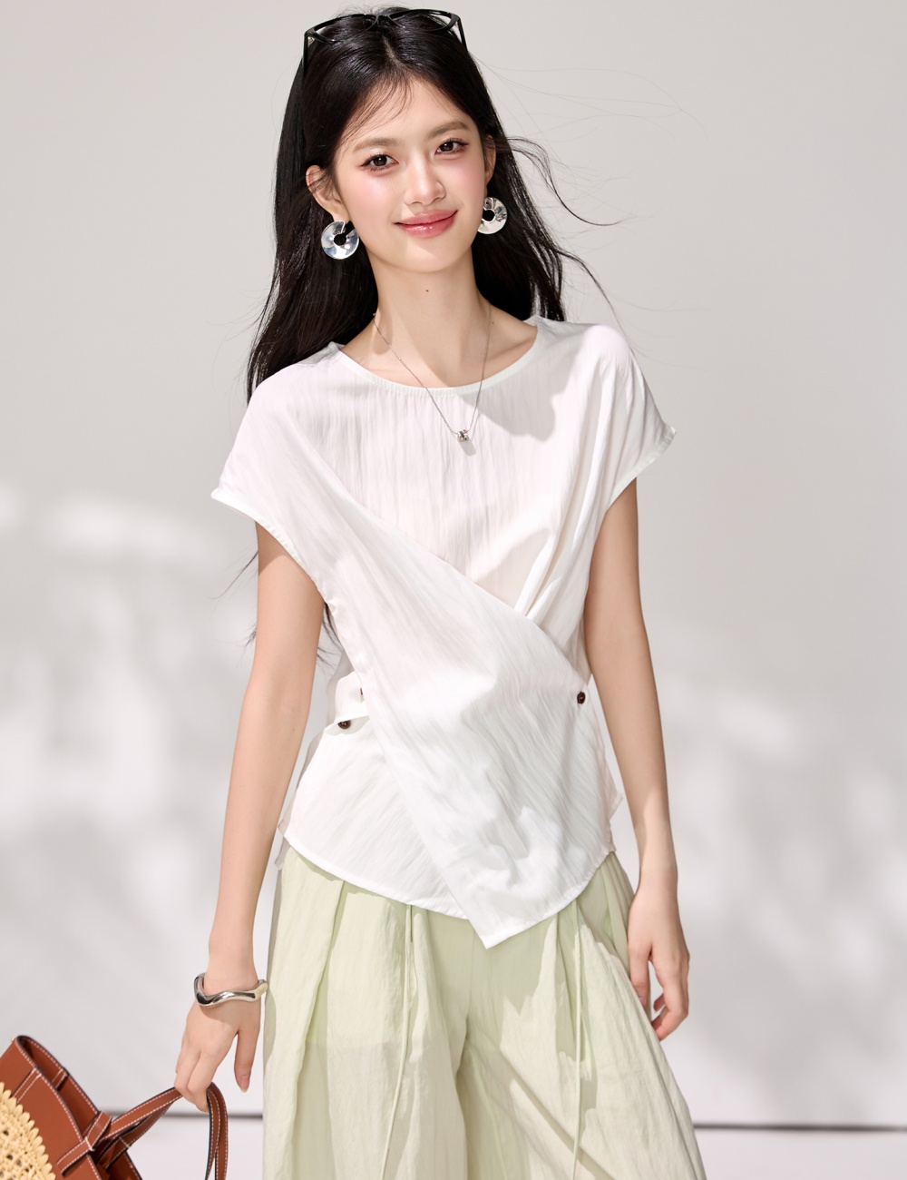 White pinched waist cross shirt summer slim niche tops