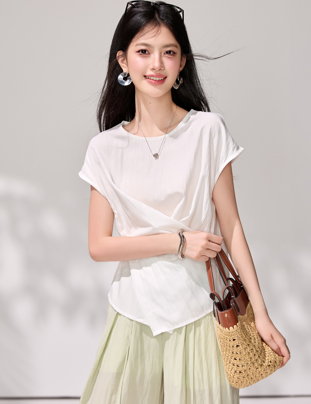 White pinched waist cross shirt summer slim niche tops