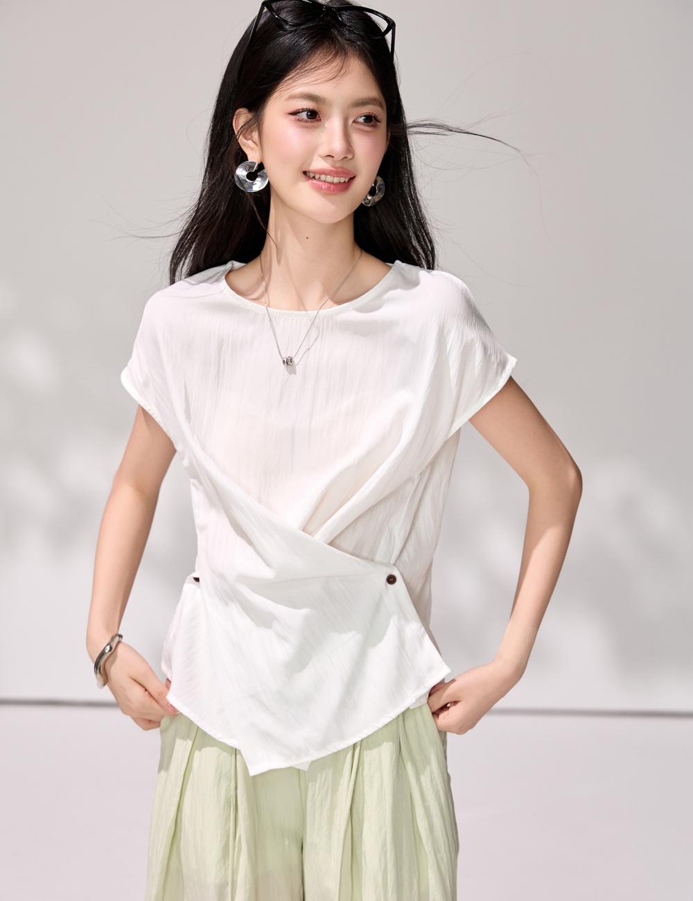 White pinched waist cross shirt summer slim niche tops