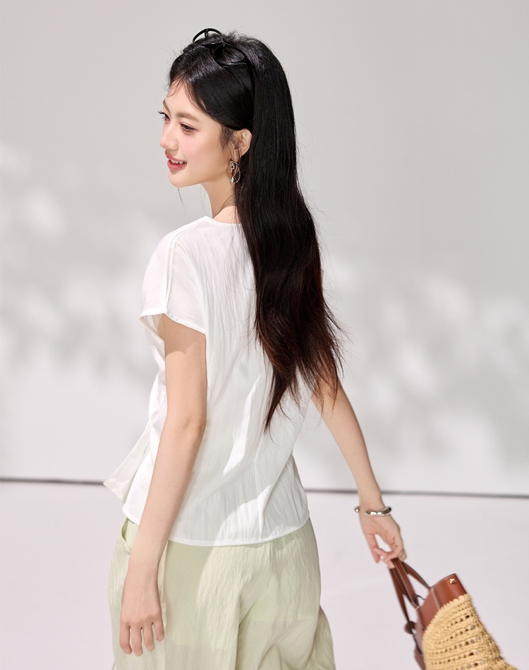 White pinched waist cross shirt summer slim niche tops