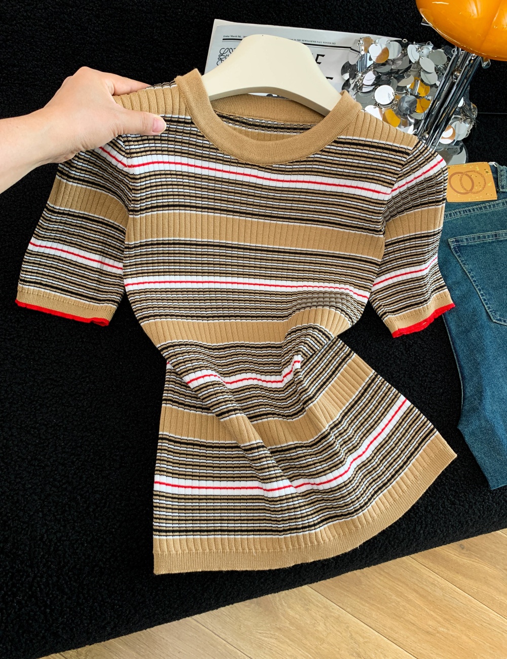 All-match slim tops thin round neck sweater for women