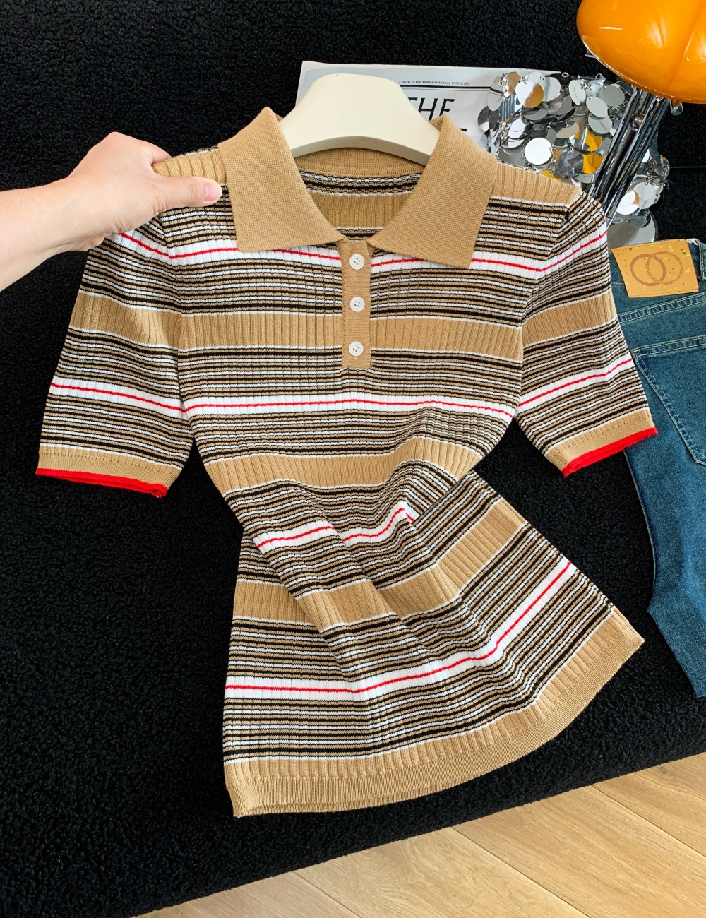 Short sleeve mixed colors tops summer temperament sweater
