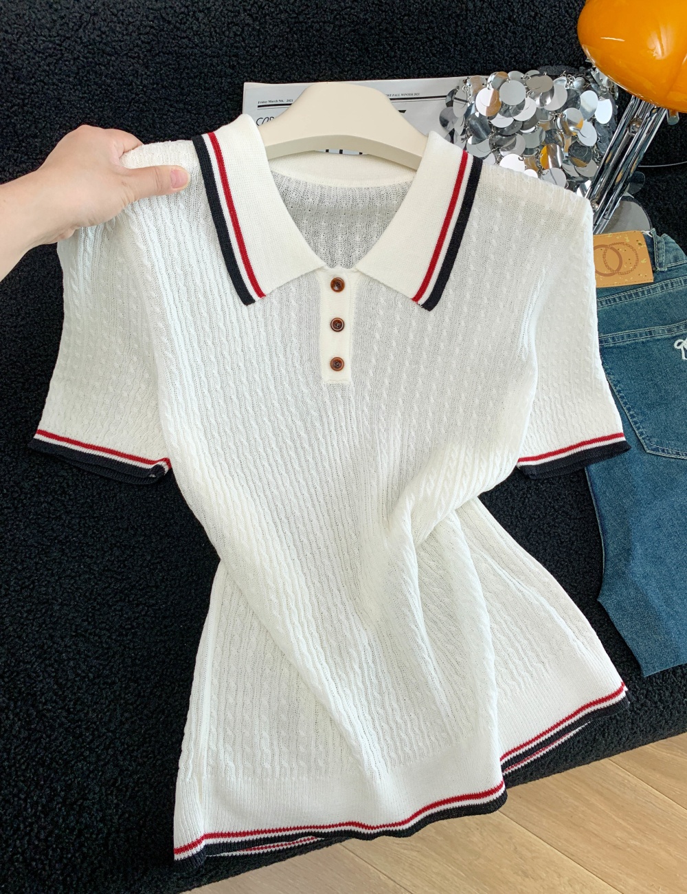 Mixed colors knitted slim short sleeve tops for women