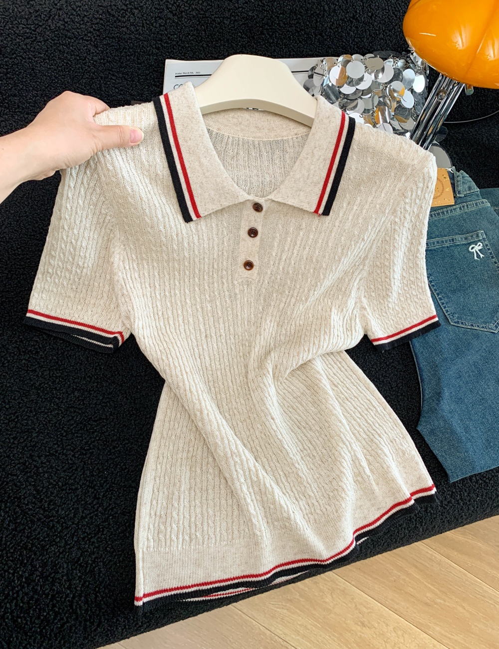 Mixed colors knitted slim short sleeve tops for women
