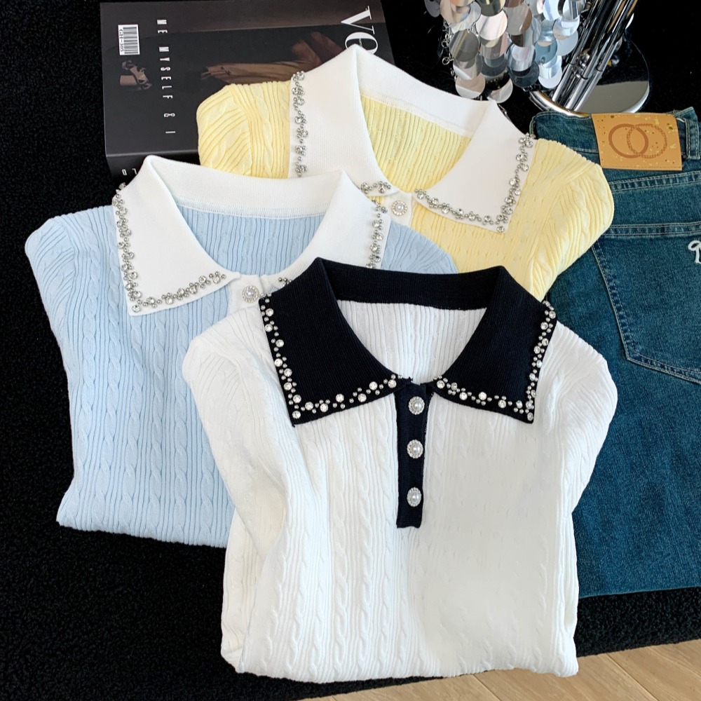 Beading lapel sweater light luxury elegant tops for women
