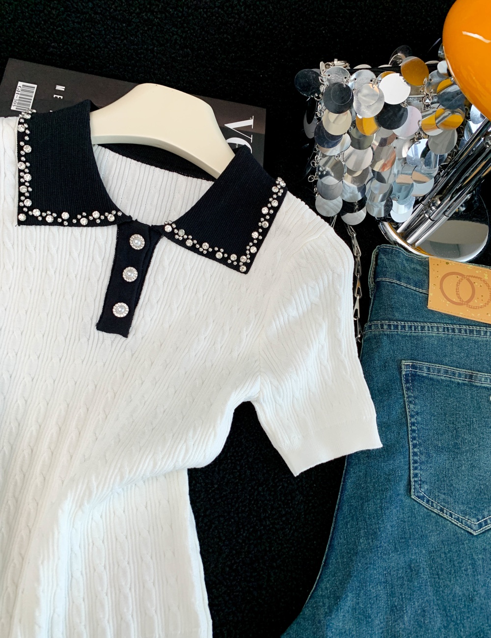 Beading lapel sweater light luxury elegant tops for women