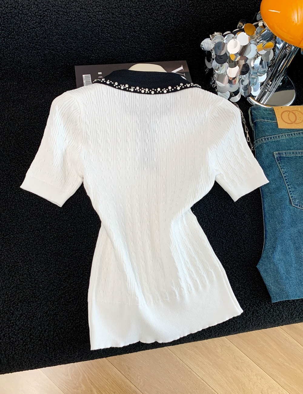 Beading lapel sweater light luxury elegant tops for women