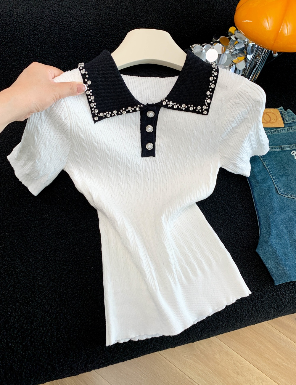 Beading lapel sweater light luxury elegant tops for women