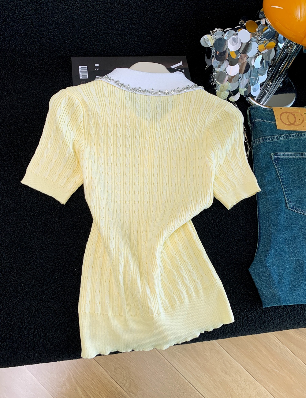 Beading lapel sweater light luxury elegant tops for women