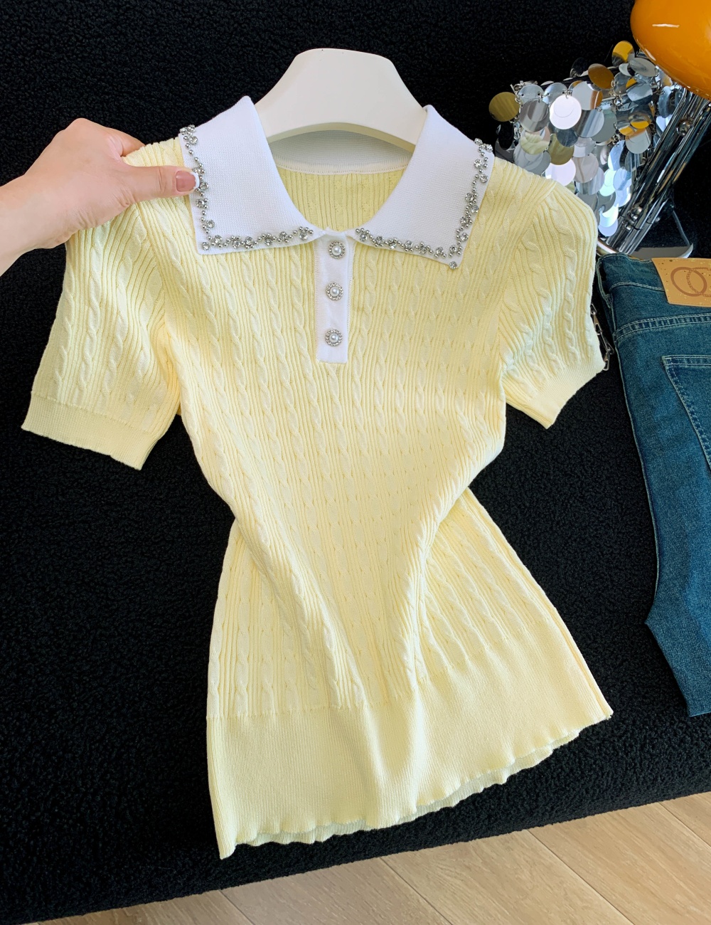 Beading lapel sweater light luxury elegant tops for women