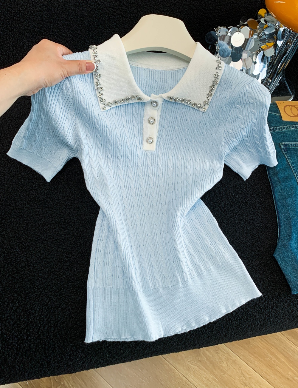 Beading lapel sweater light luxury elegant tops for women