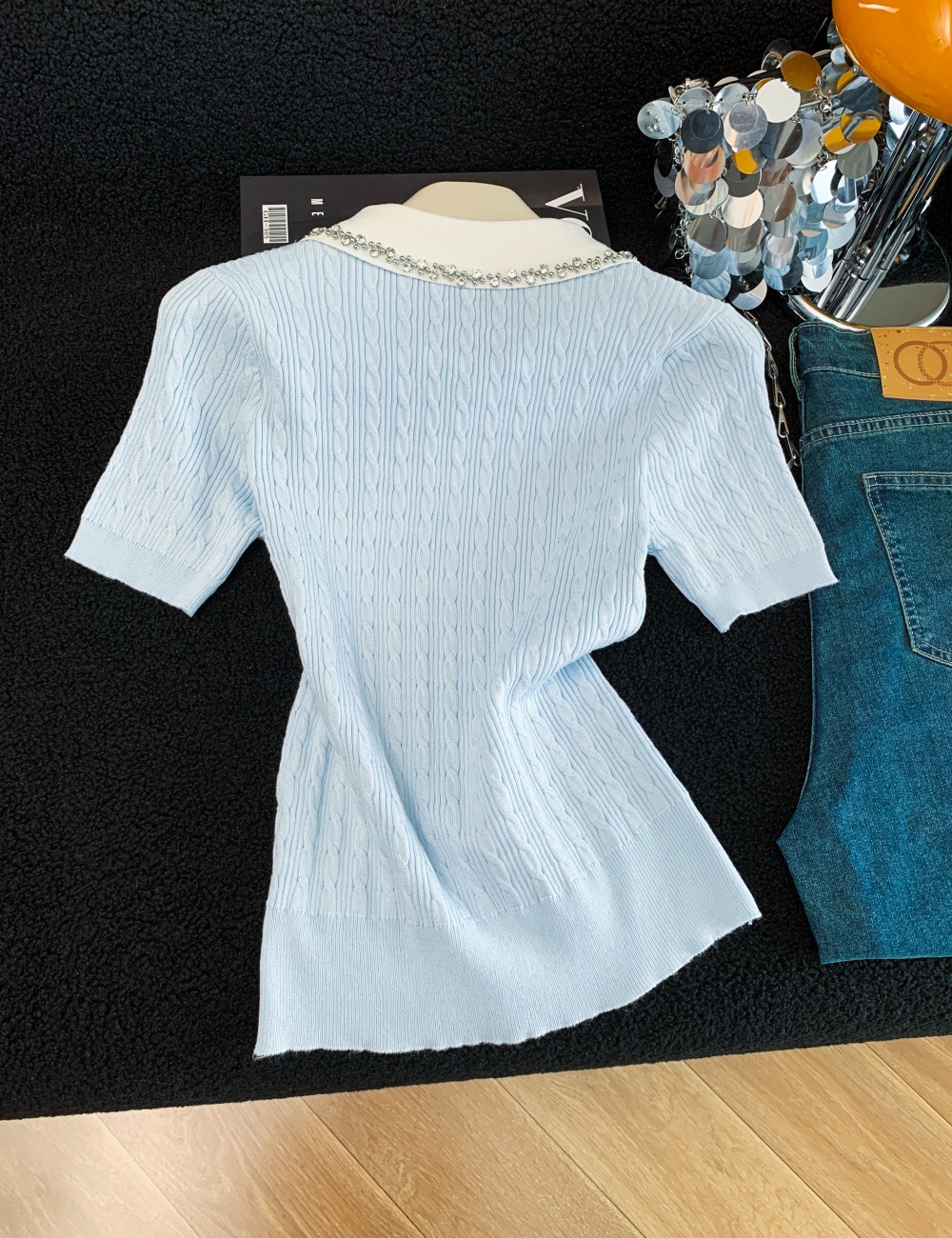 Beading lapel sweater light luxury elegant tops for women