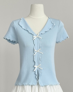 V-neck bow wood ear sweater temperament summer tops for women
