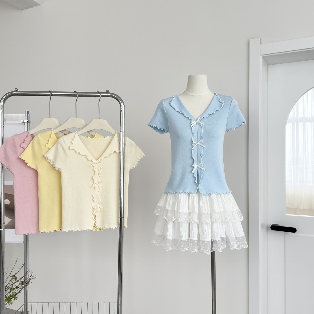 V-neck bow wood ear sweater temperament summer tops for women