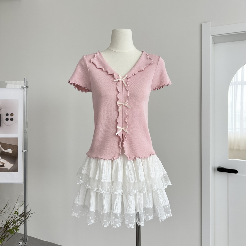V-neck bow wood ear sweater temperament summer tops for women