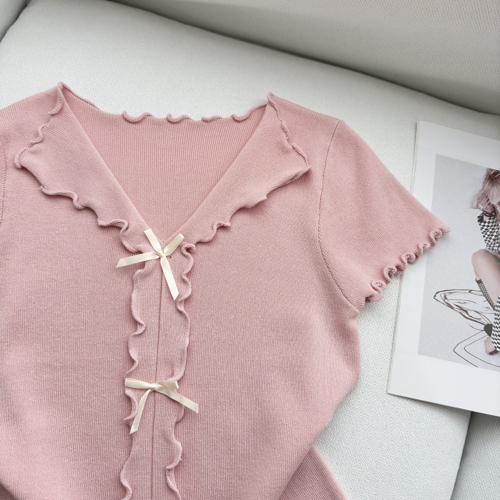 V-neck bow wood ear sweater temperament summer tops for women