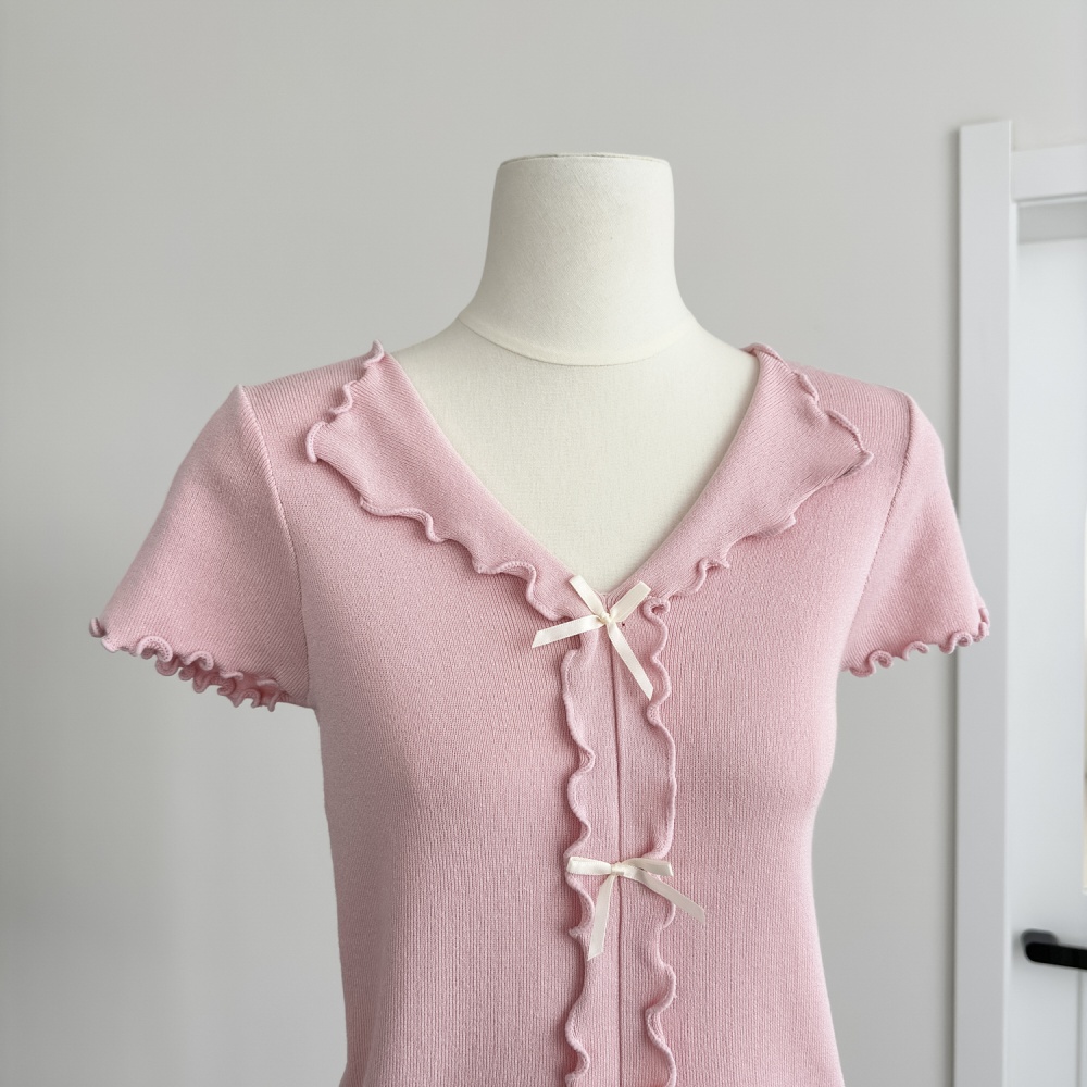 V-neck bow wood ear sweater temperament summer tops for women